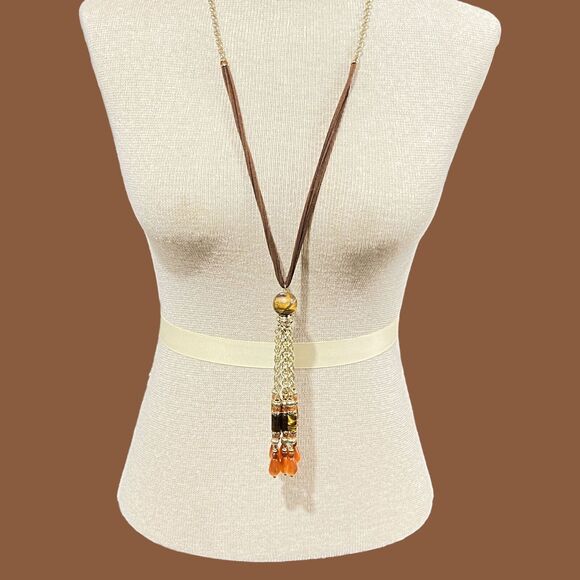Tigers Eye Tassel Pendant Necklace Beads Suede Gold Tone 23" Adjustable Chicos - Picture 1 of 7